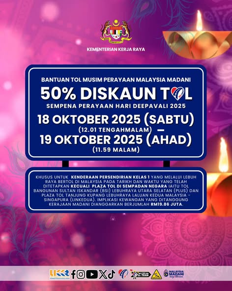 50% DISKAUN TOL SEMPENA DEEPAVALI 2025