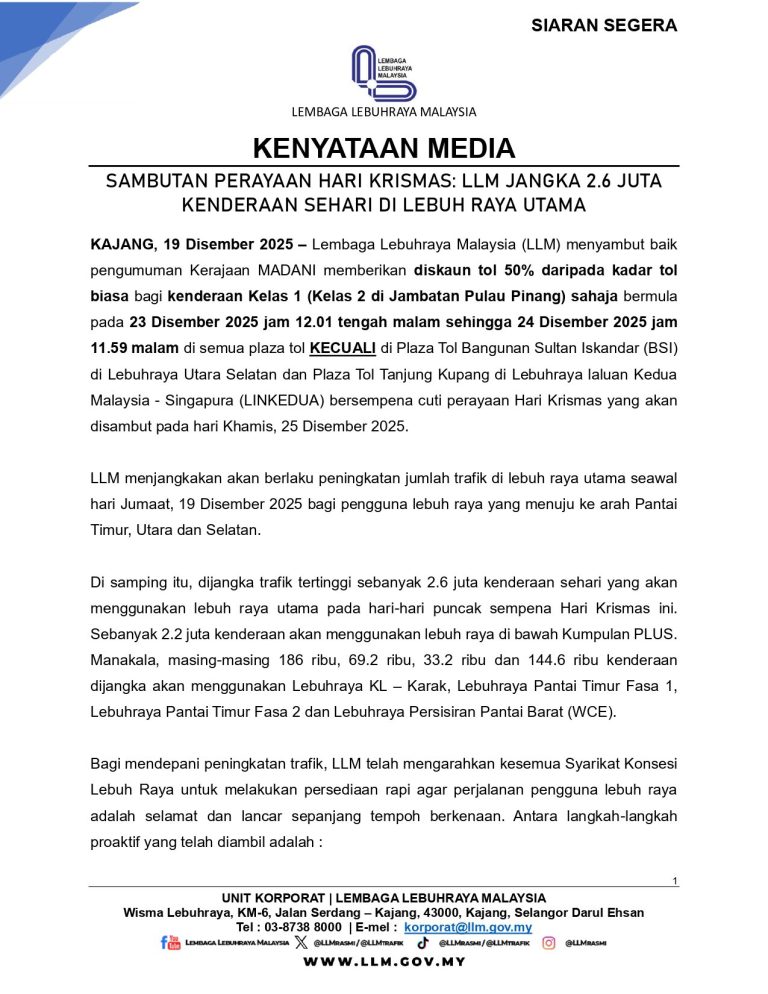 PEMBERIAN DISKAUN TOL 50% SEMPENA PERAYAAN HARI KRISMAS